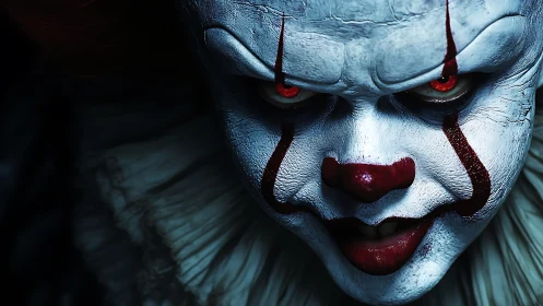 Grinning nightmare clown leans from shadow with burning eyes