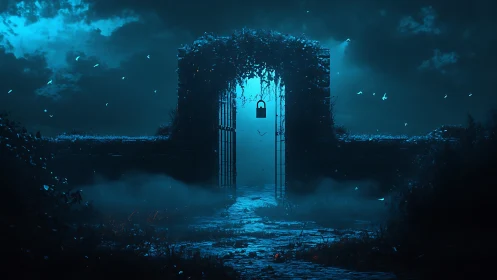 Nocturnal mist gate under cyan volumetric backlighting.