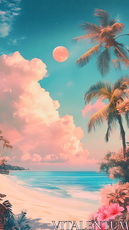 Tropical Paradise Beach with Coral Moon and Palm Trees.