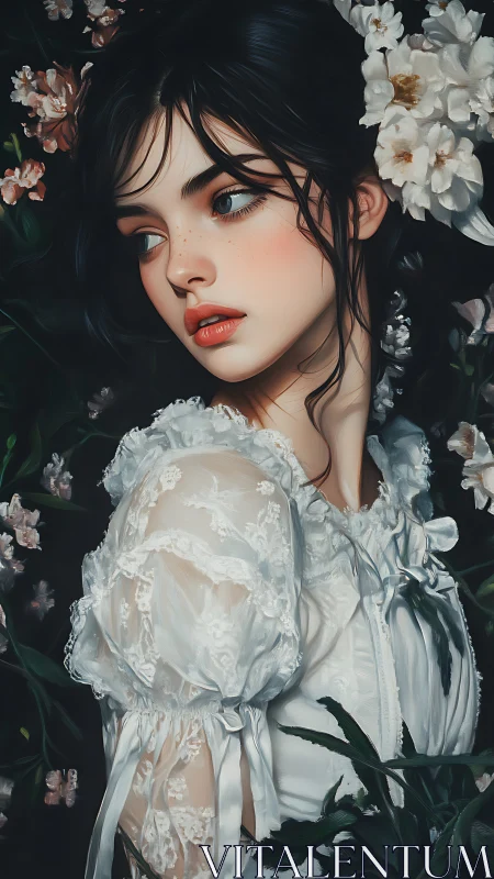 Romantic digital portrait of dark haired girl in blossoms.