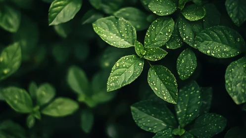 Rain-kissed green leaves glow softly against a dark forest bed