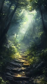 Forest path with overhanging canopy and scattered light penetration