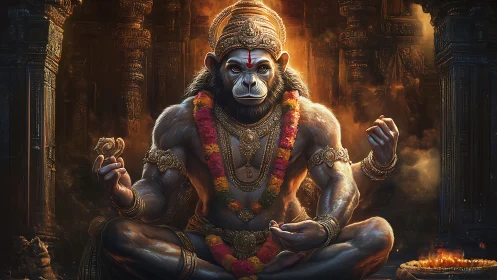 Divine Hanuman deity meditates in glowing temple hall.