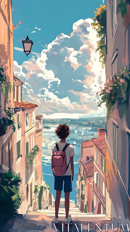 Boy with backpack observes coastal harbor from sunny alley
