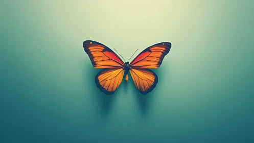 Orange butterfly glows against soft teal gradient background