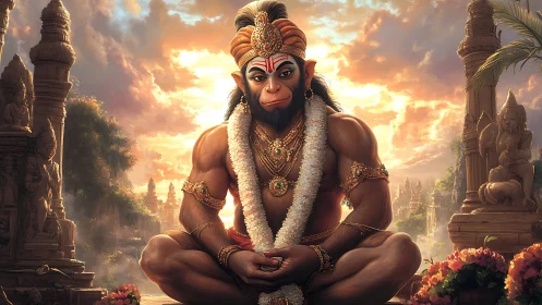 Divine monkey warrior in sunset temple meditation scene.
