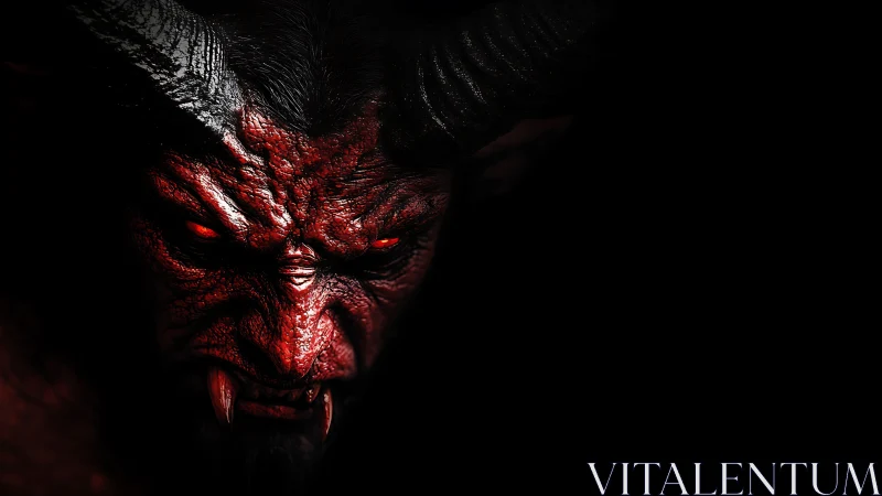 Infernal horned fiend emerging from a void of shadows.