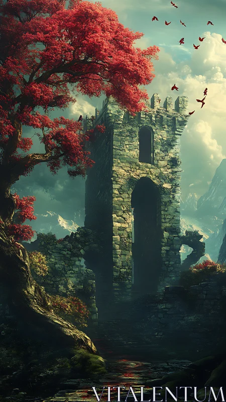 Crimson tree crowns a forgotten stone tower in drifting mist
