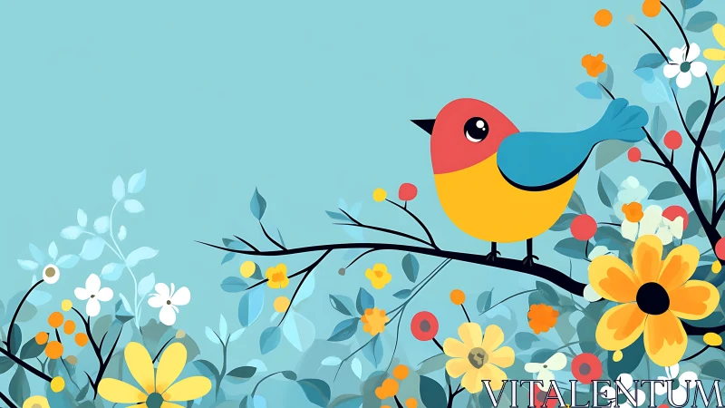 Stylized bird perched on branch surrounded by floral vegetation elements