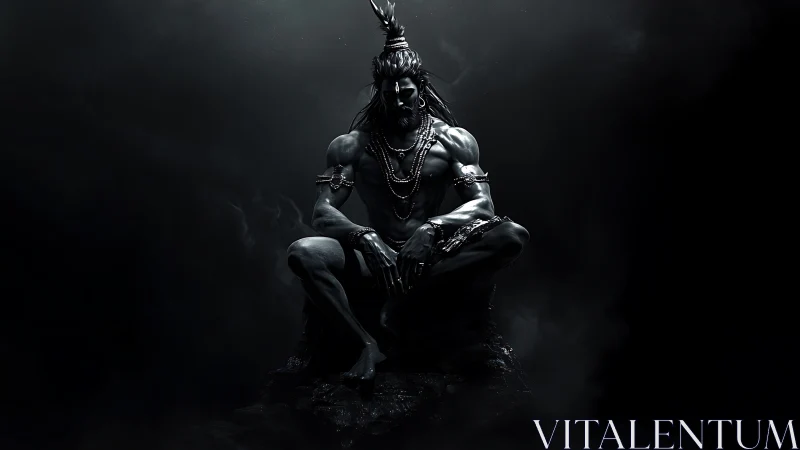 Dark monochrome deity warrior seated in stormy void.