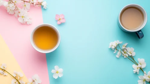 Two cups of tea with blossoms on pastel color background.
