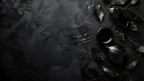 Monochrome wet leaves and glossy vessel on textured black ground.