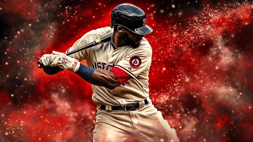 Baseball slugger swings through a fiery red cosmic backdrop
