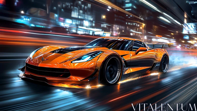 Orange race car on wet city street with motion blur lights.