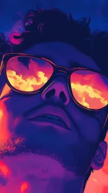 Neon gradient portrait with reflective sunglasses composition.