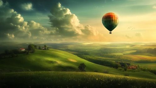 Hot air balloon glides above sunlit green countryside hills.