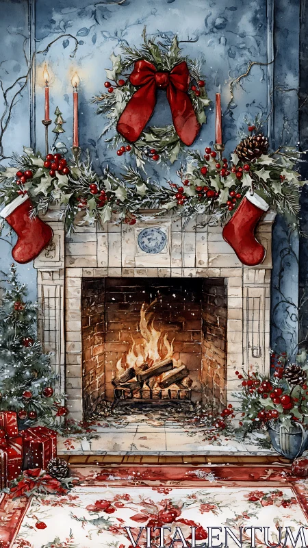 Watercolor Christmas fireplace scene with wreath, stockings, and gifts