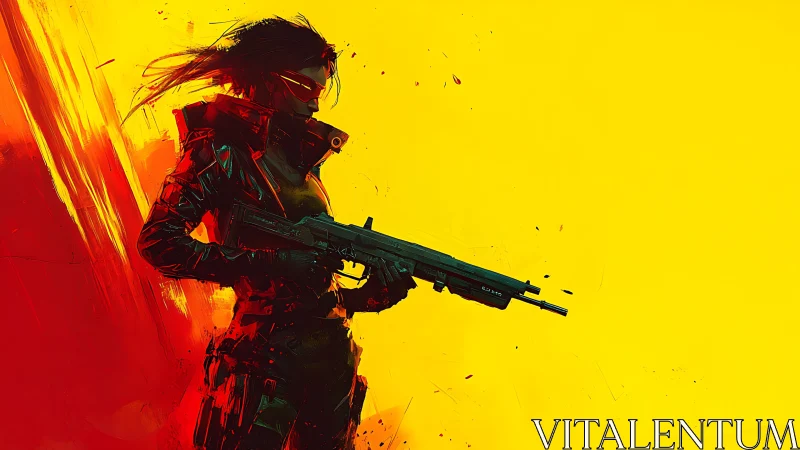 Silhouetted armed figure against high contrast yellow field.