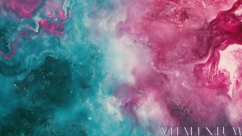 Swirling teal and magenta nebula in fluid abstract space.