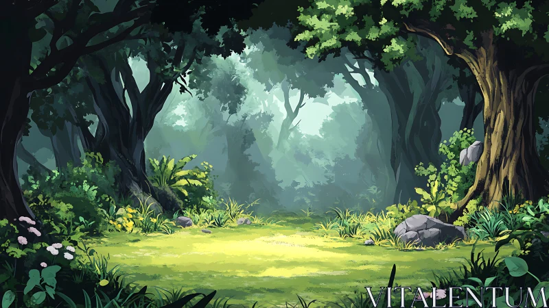 Enchanted Forest Clearing with Ancient Trees and Soft Light.