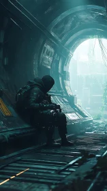 Lone tunnel sentinel resting beneath a cracked neon skylight.