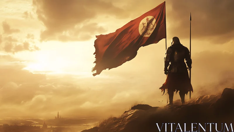 Armored knight with war banner over sunlit valley.