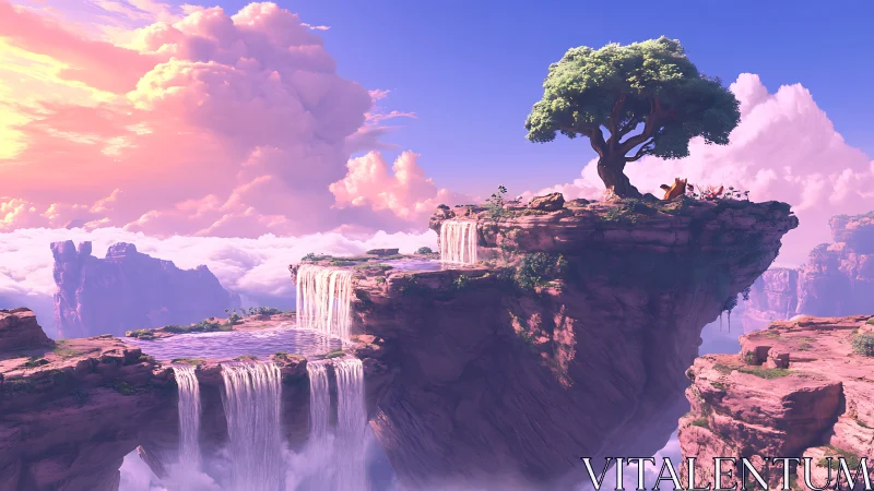 Floating Mesa with Majestic Tree and Cascading Waterfalls.