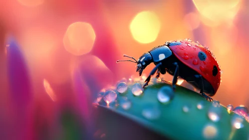Ladybug stroll through rainbow dew at sunrise hush.