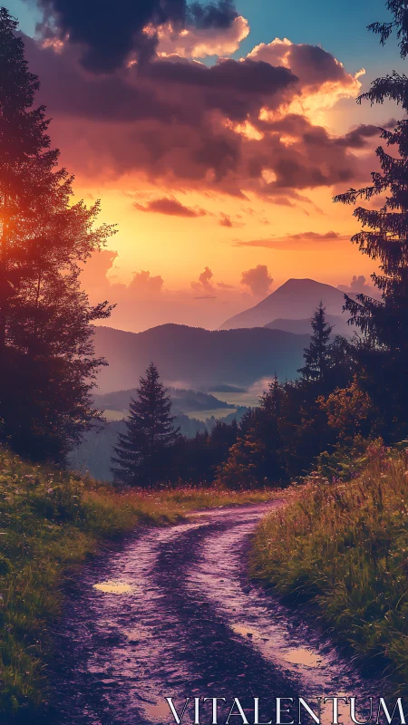 Mountain path at sunset under glowing stormlit clouds.