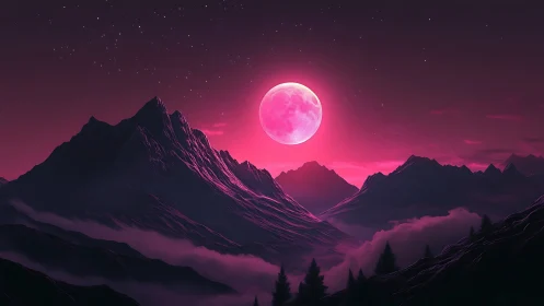Dreamy pink moon rises softly above tranquil mountain peaks