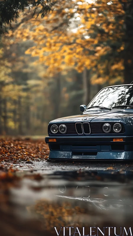 Autumn forest cradles a classic blue coupe in quiet allure.