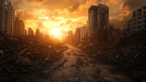 Urban ruins burn under molten sunset over broken city