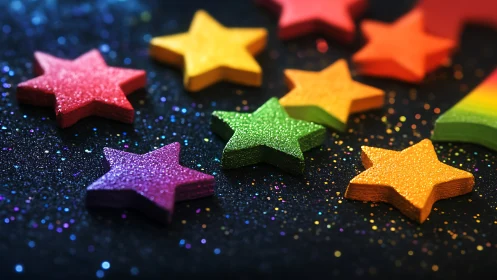 Macro view of glittered rainbow wooden star shapes on dark surface.