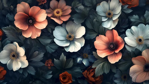 Detailed floral composition with coral anemones and white poppies