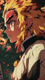Fire-haired warrior gazes upward through drifting autumn leaves