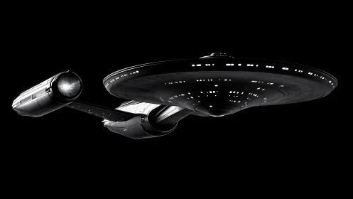 Sleek starship glides through deep black interstellar space