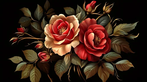 Red-Peach Hybrid Roses with Layered Petals Rendered with Chiaroscuro Against Black Background