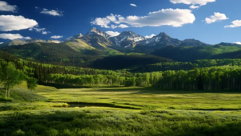 Endless green valley rests peacefully beneath alpine peaks