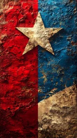 Textured red blue gold star flag in rough relief.