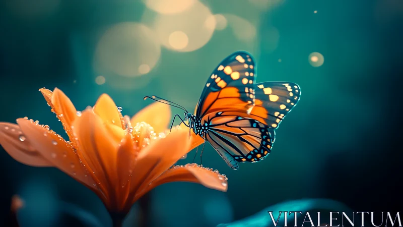 Macro luminance study of monarch butterfly on dewy blossom.