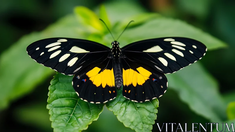 Black and yellow butterfly on green leaf in sharp focus.