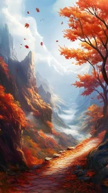 Autumn mountain path curves toward distant misty valley