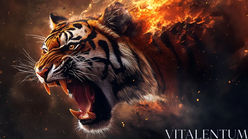 Roaring tiger head emerges with fiery, smoke-filled backdrop.
