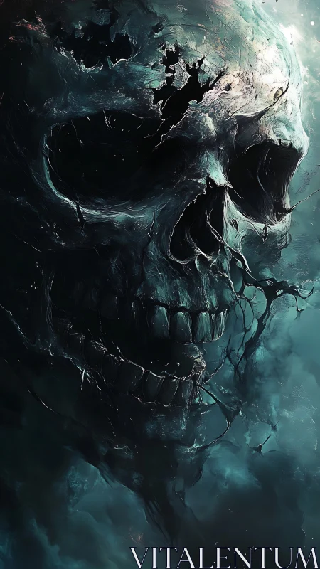 Haunting ocean skull drifting through swirling misty depths.