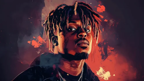 Moody digital portrait of confident man in fiery colors.