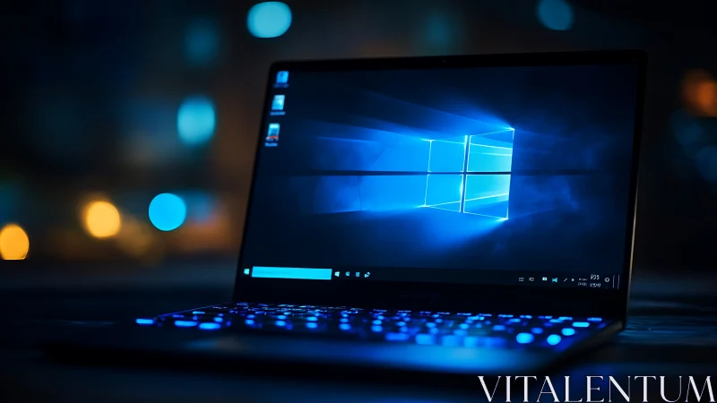 Windows laptop on desk with illuminated blue keyboard.