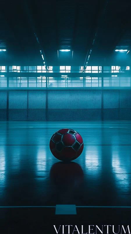 Indoor futsal ball on reflective court under blue lighting.