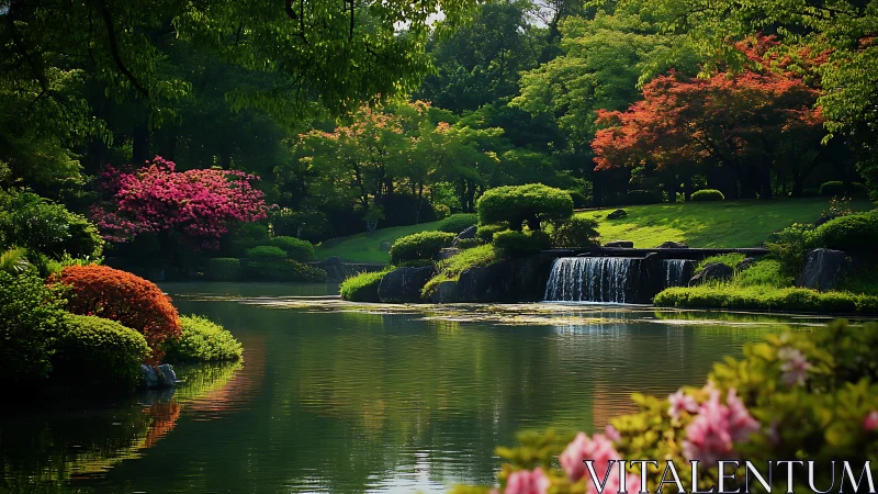 Lakeside garden shows tiered waterfall and dense spring foliage