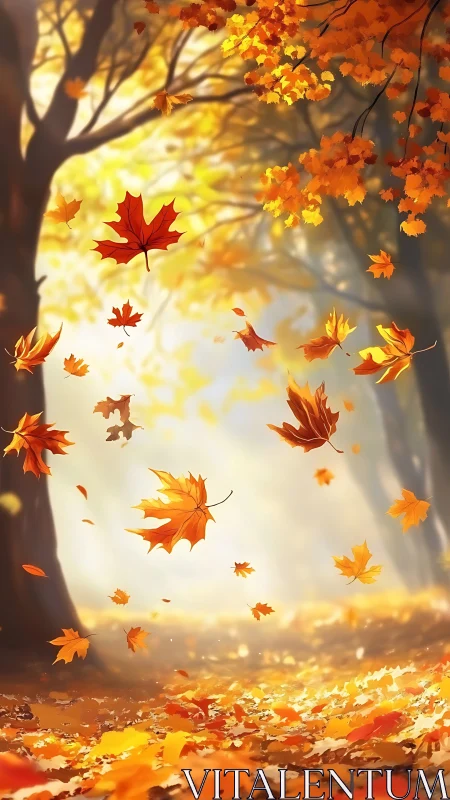 Wind-tossed autumn leaves waltz through a glowing forest lane