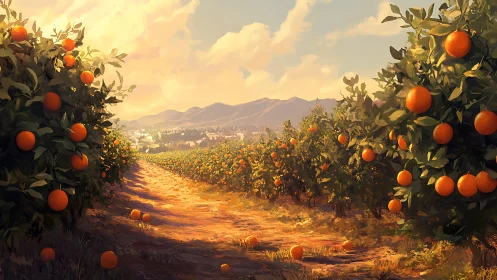 Orange orchard rows under warm sky with distant mountains.